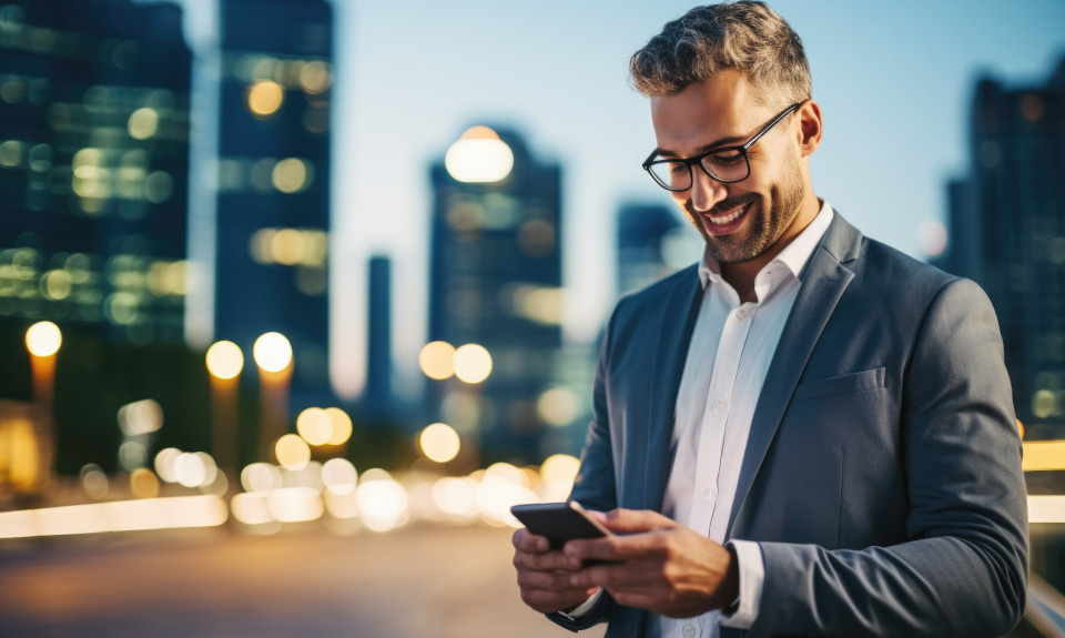 Man on his phone in front of a city scape