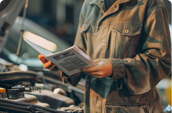 A person looking at a user guide with a car int he background with the bonnet open.