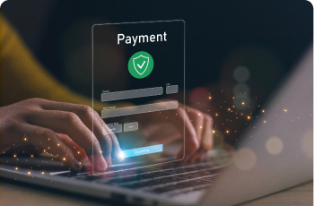 A person typing on a keyboard with an icon representing a payment being received appearing above the keyboard.