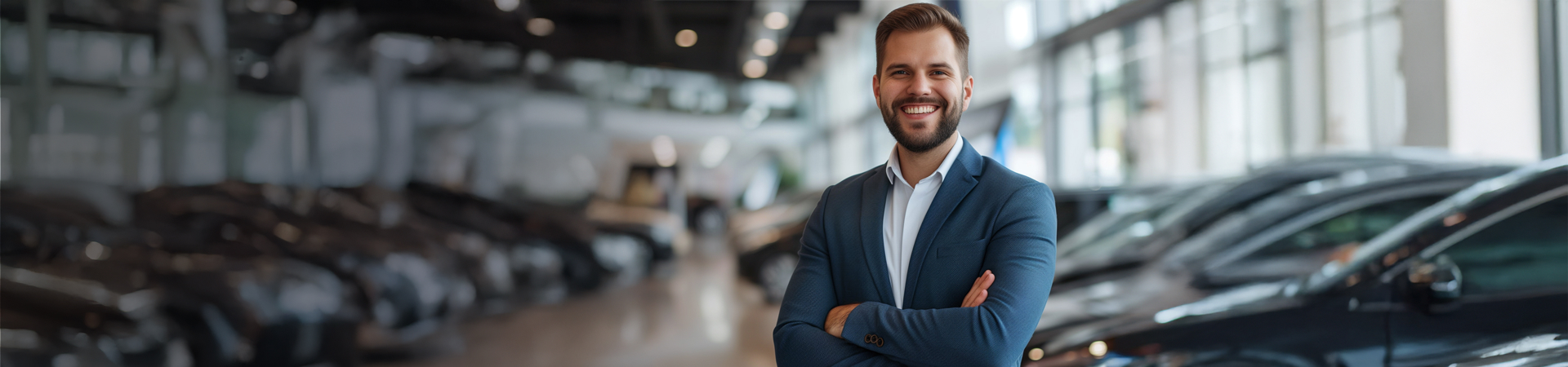 A man in a suit standing in a car sales forecourt.