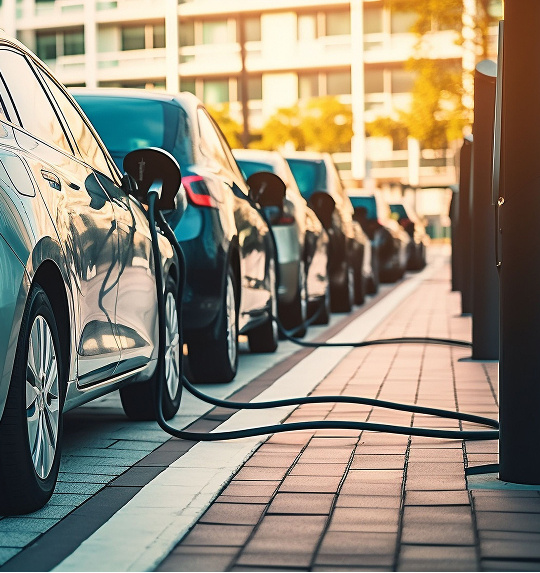 A number of cars parked up at a kerbside, plugged into electric chargers.