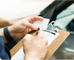 A person writing on a piece of paper on a clipboard.
