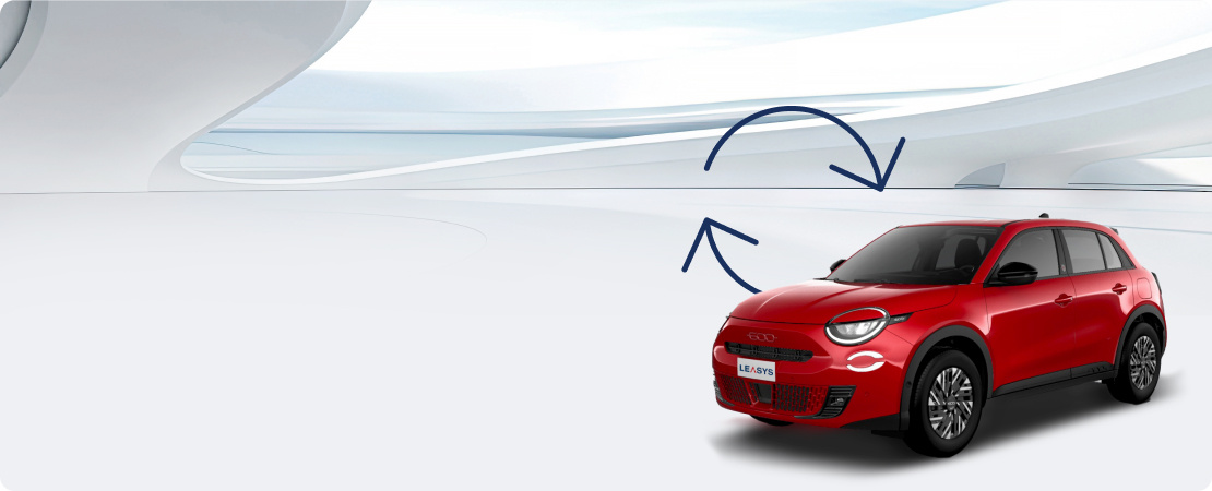 A red car surrounded with an icon by it representing that at the end of the contract you can choose to return the car, extend the lease or continue the agreement and swap your car for a new one.