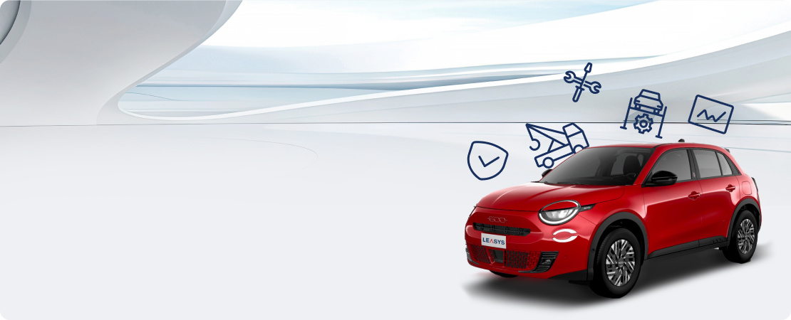 A red car surrounded with icons representing that the car has maintenance packages available.