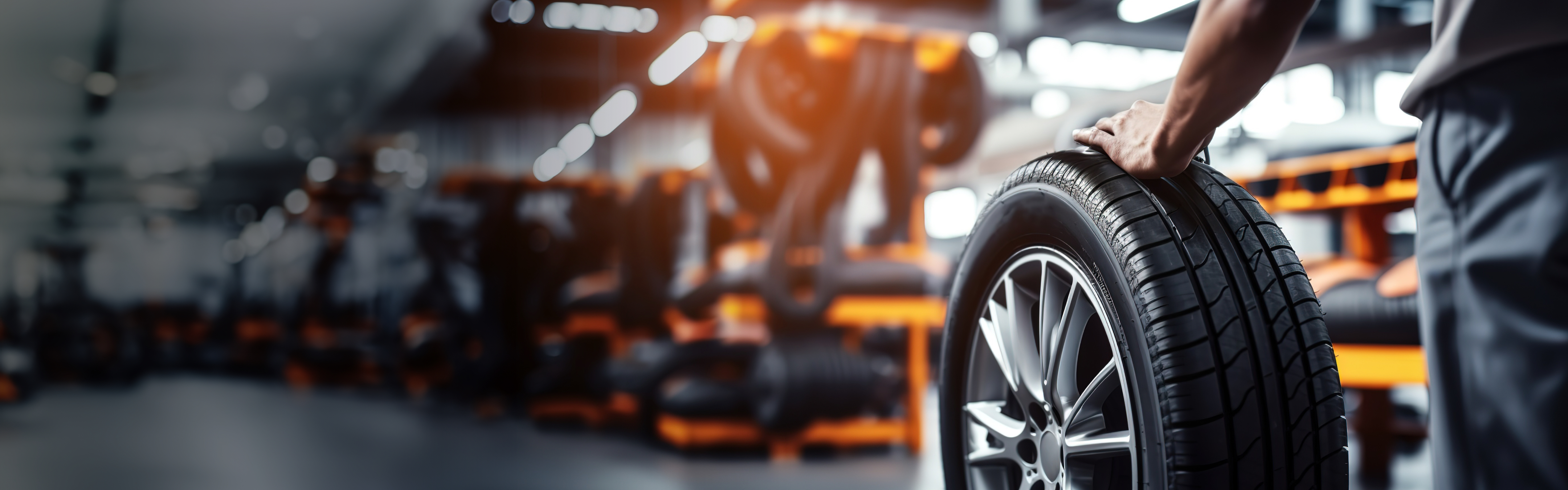 A person wheeling a wheel in a garage.