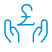 An icon of two hands holding a £ sign representing care with money or cost savings