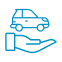 An icon of a car being held by a hand representing care and maintenance