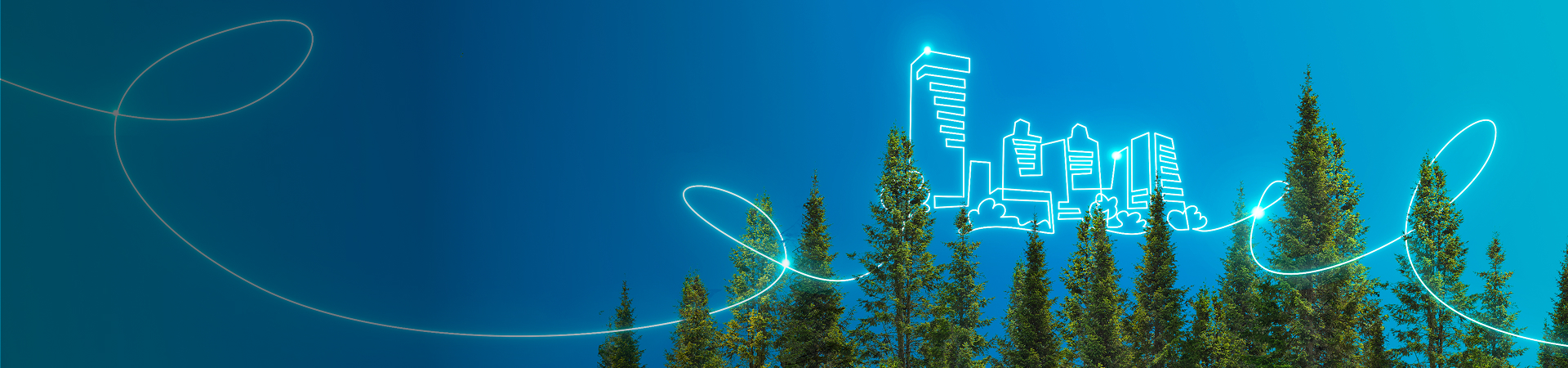 a city scape in the sky in electric blue with a treeline in front of it