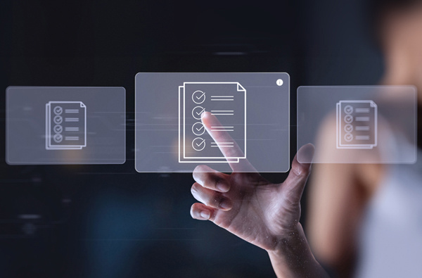 Representations of digital files and a lady selecting one.