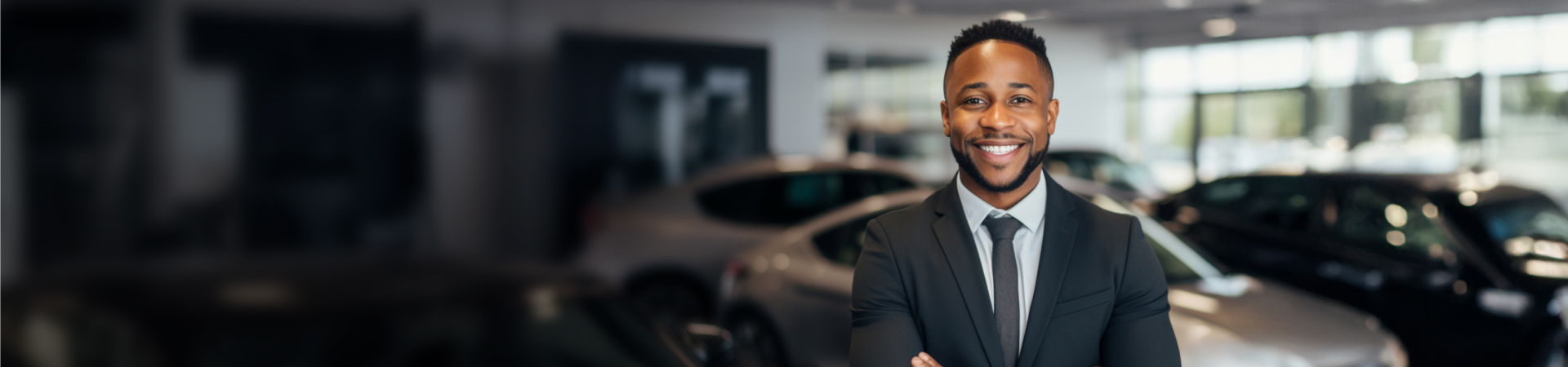 A man in a business suit standing, smiling with his arms folded in a car forecourt surrounded by cars.