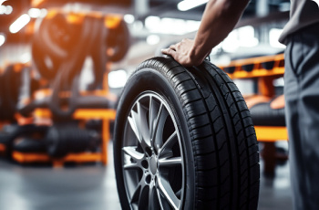 A person wheeling a tyre along in a garage