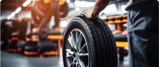 A person wheeling a tyre in a garage.