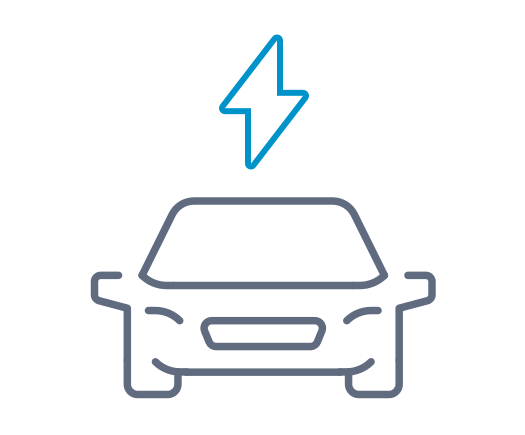 An icon of a car with an icon of electricity or lightning above it symbolising an electric car.