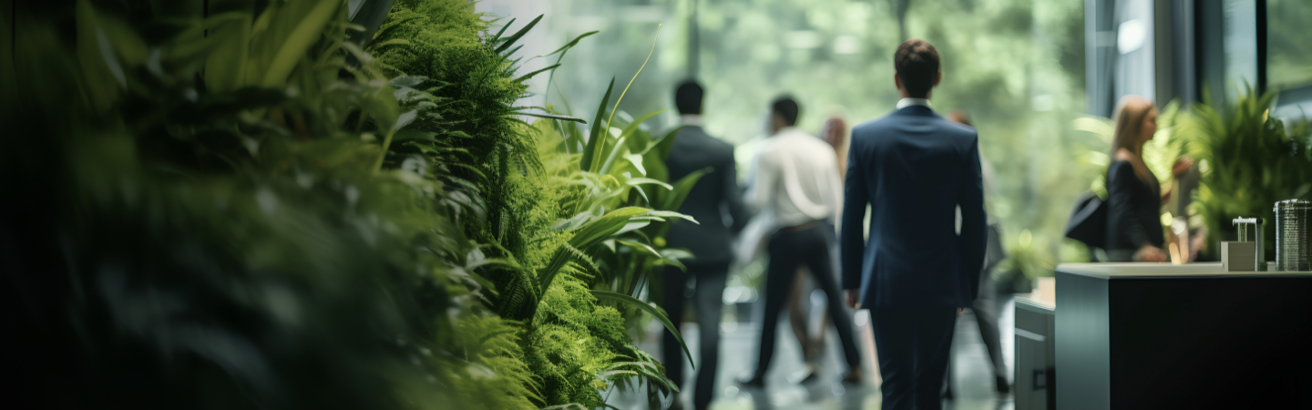 A group of people walking through an office building surrounded by plants.